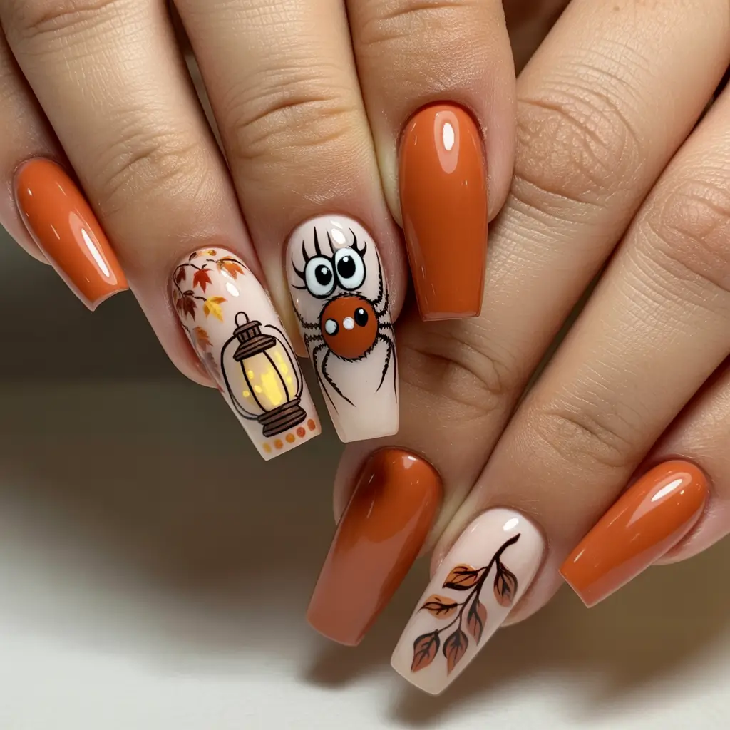 cute-fall-nails-Cartoon-Spider-and-Cozy-Lantern-Vibes