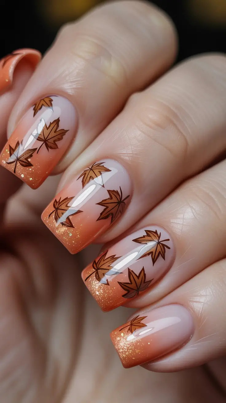 cute-fall-nails-Falling-Leaves-with-Gradient-Tips