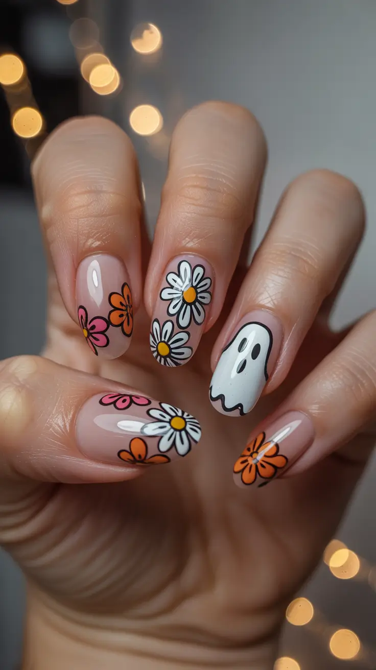cute-fall-nails-Daisy-&-Ghost-Combo-for-Whimsical-Fall-Fun