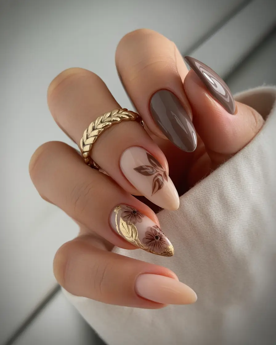 early fall nails 2025 Floral Neutrals with Golden Touch