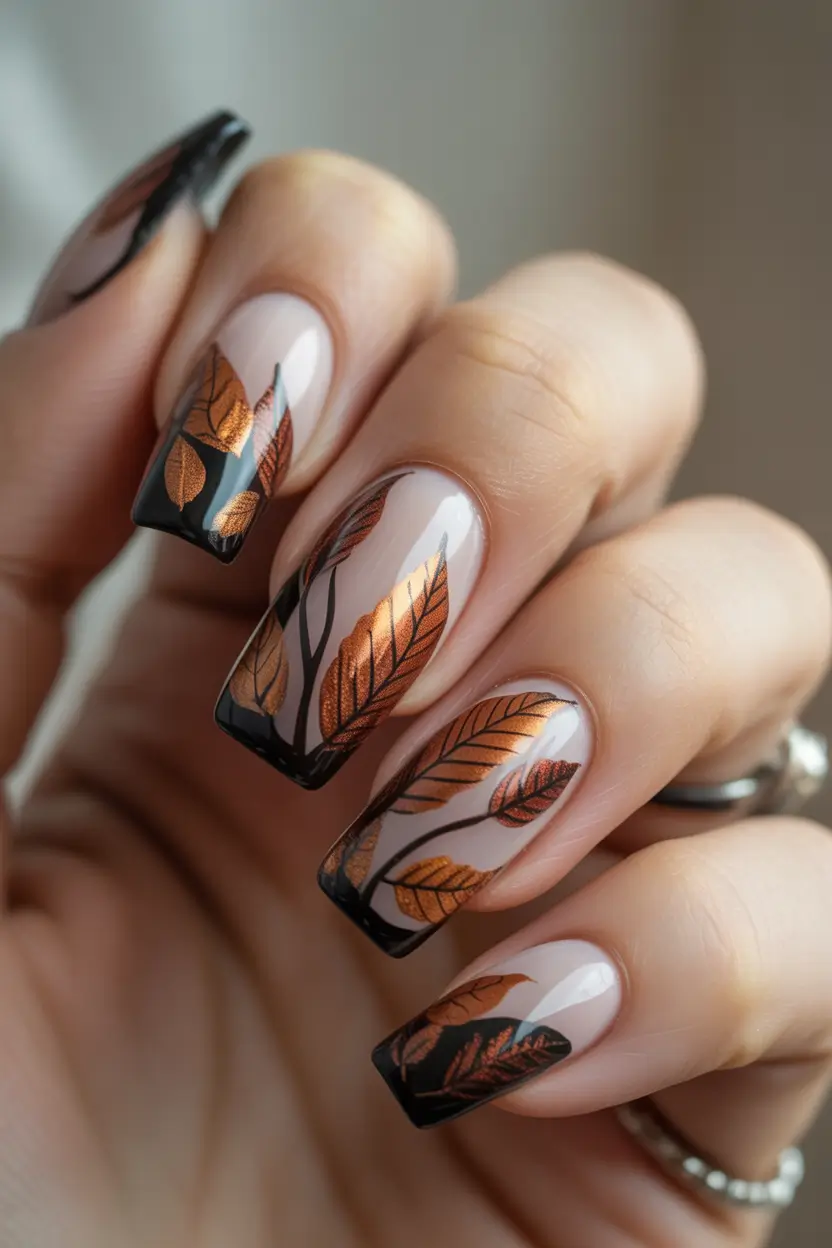 early fall nails 2025 Amber Leaves in Smoky Black