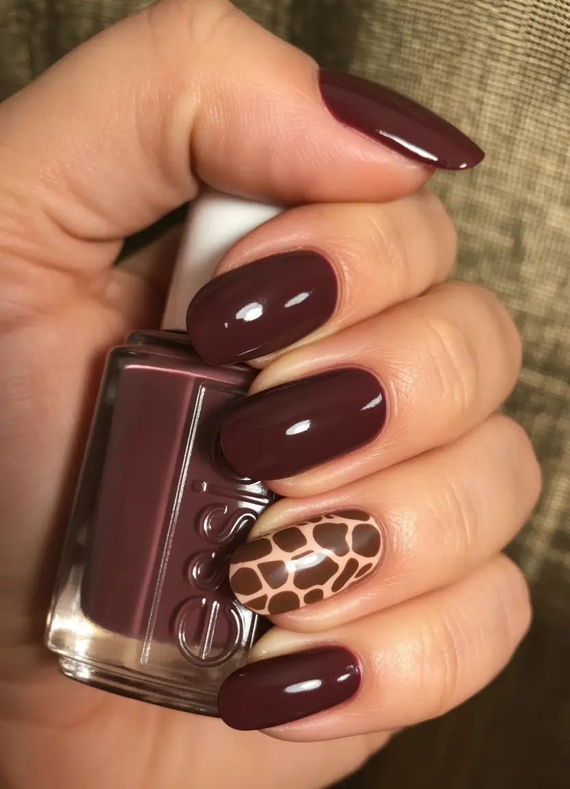 early fall nails 2025 Deep Wine & Giraffe Accents