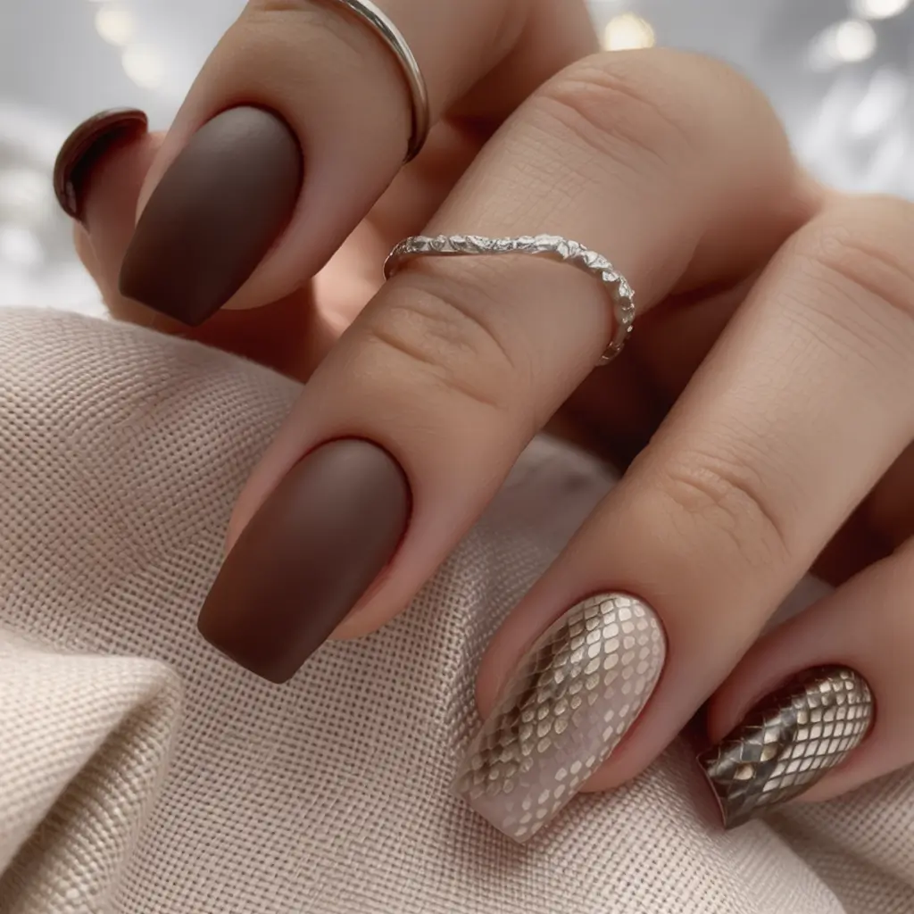 early fall nails 2025 Matte Cocoa & Faux Snakeskin