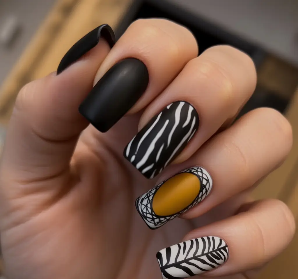early fall nails 2025 Monochrome Jungle Meets Mustard Pop