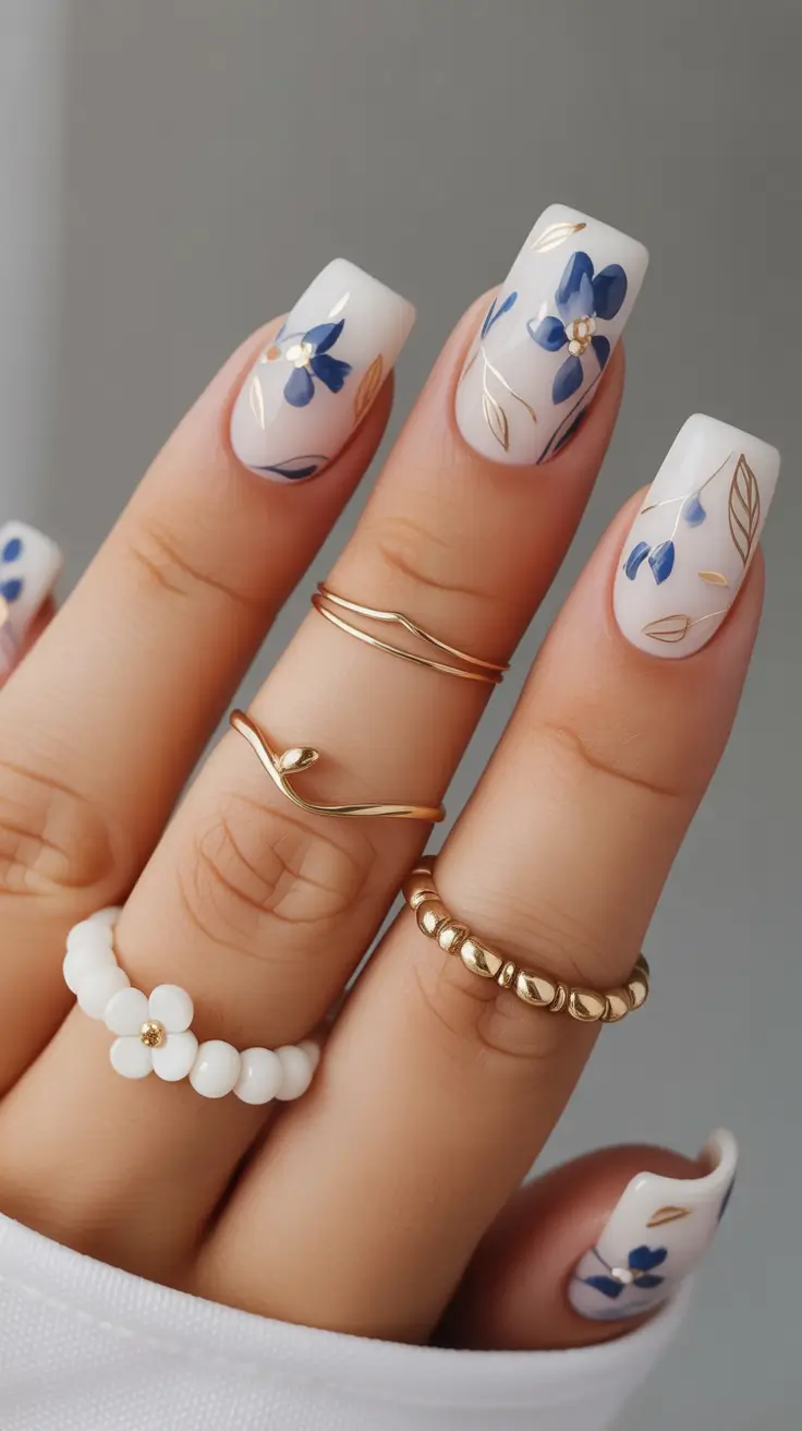 early fall nails 2025 Porcelain Garden with Blue Petals