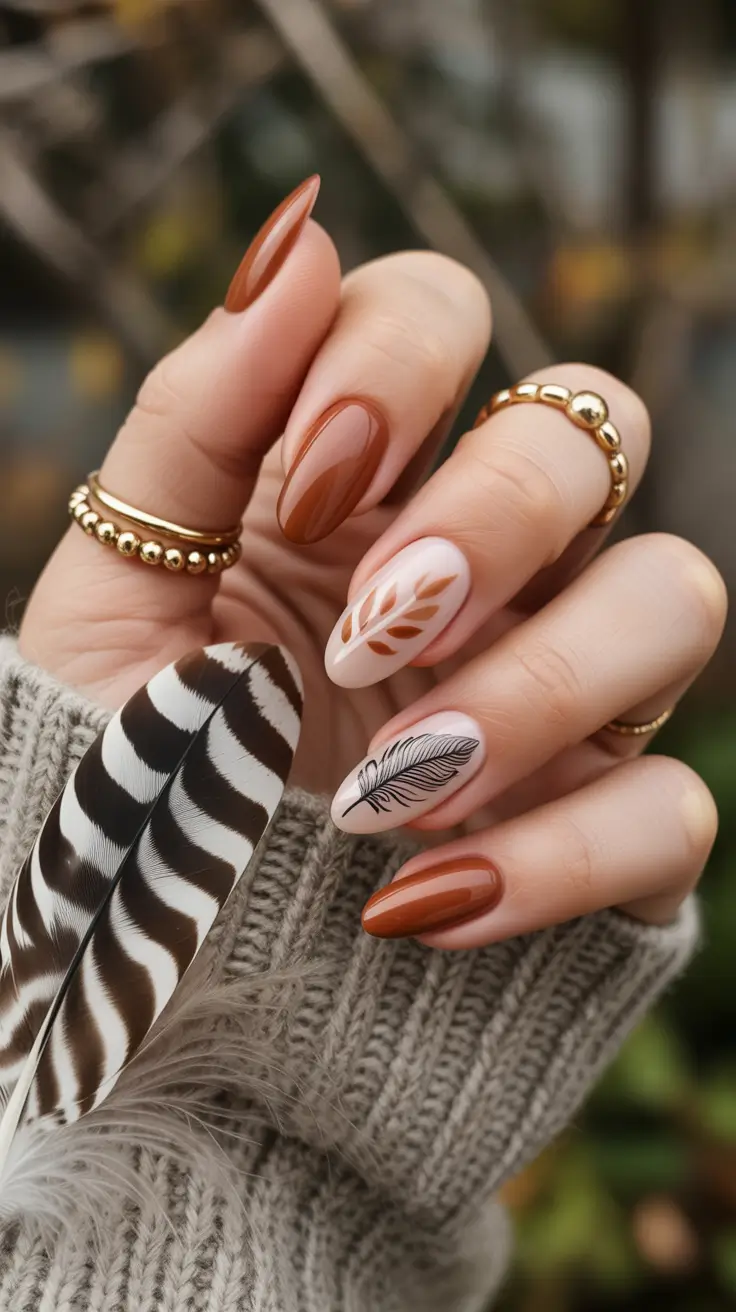 early fall nails 2025 Cinnamon Glaze with Minimalist Leaves