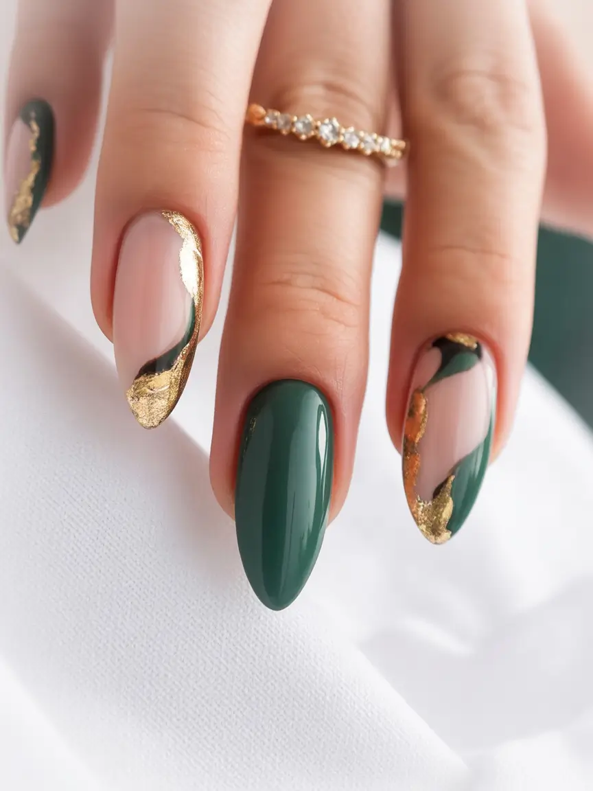 early fall nails 2025 Emerald Waves & Gilded Lines