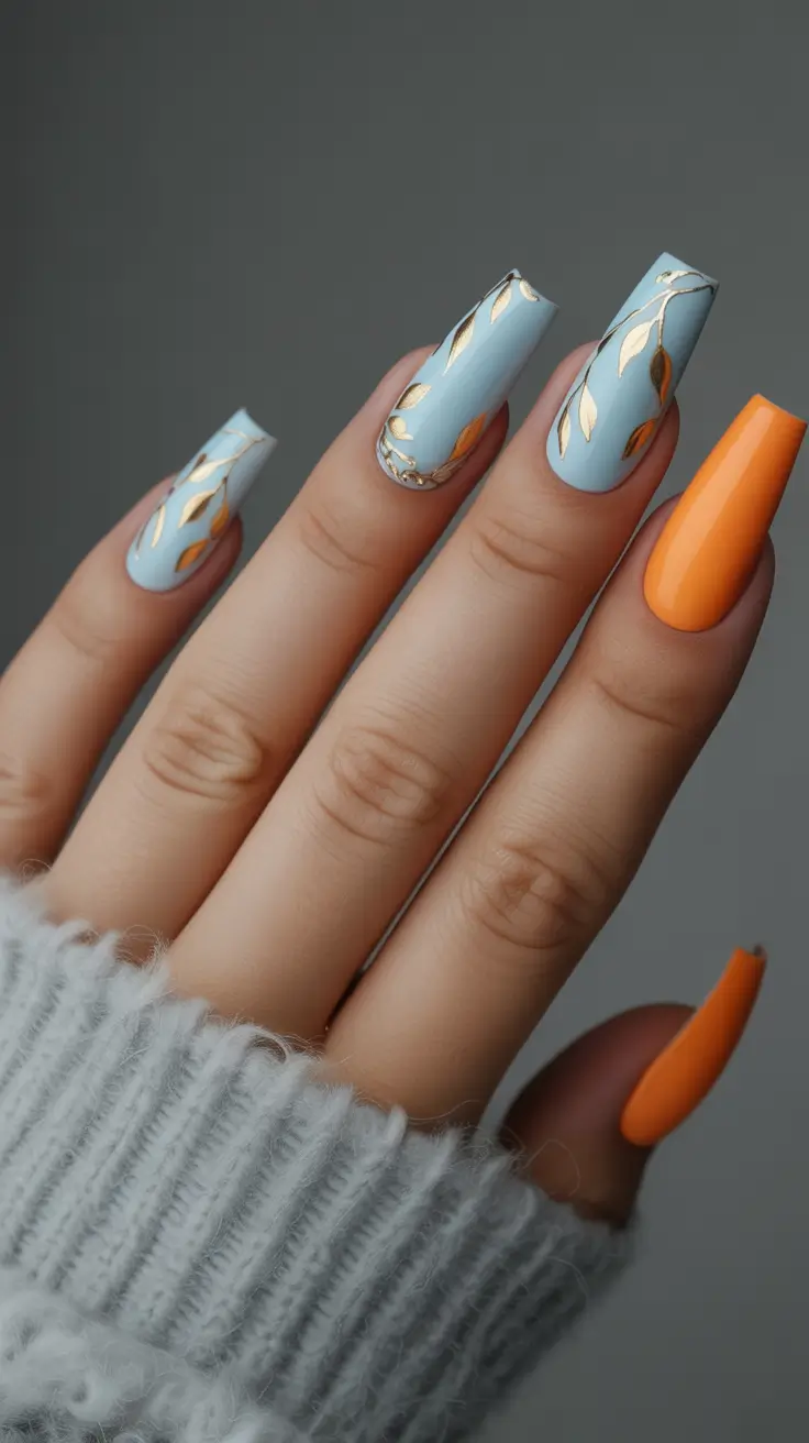 early fall nails 2025 Sky Blue & Gold Vine Luxury