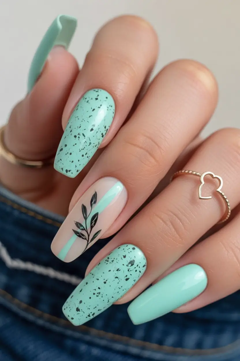 early fall nails 2025 Mint Chip & Monochrome Botanicals