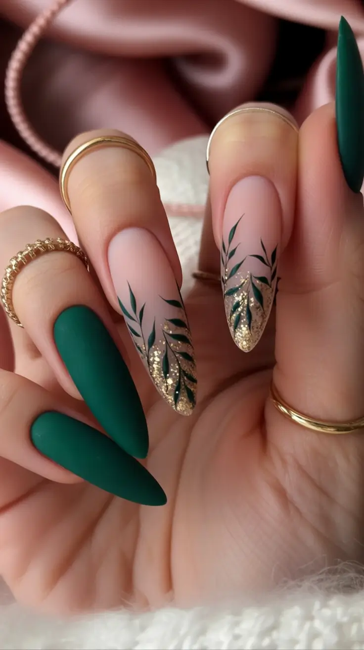 early fall nails 2025 Forest Fantasy with Golden Dust