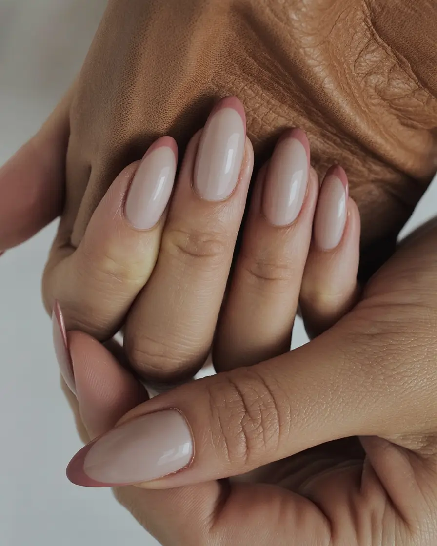 Fall French tip nails Soft Almond Elegance in Nude and Rose