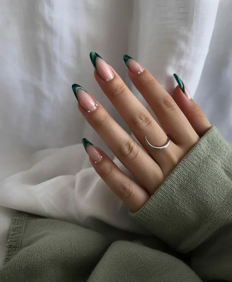 Fall French tip nails Emerald-Tipped Minimalism