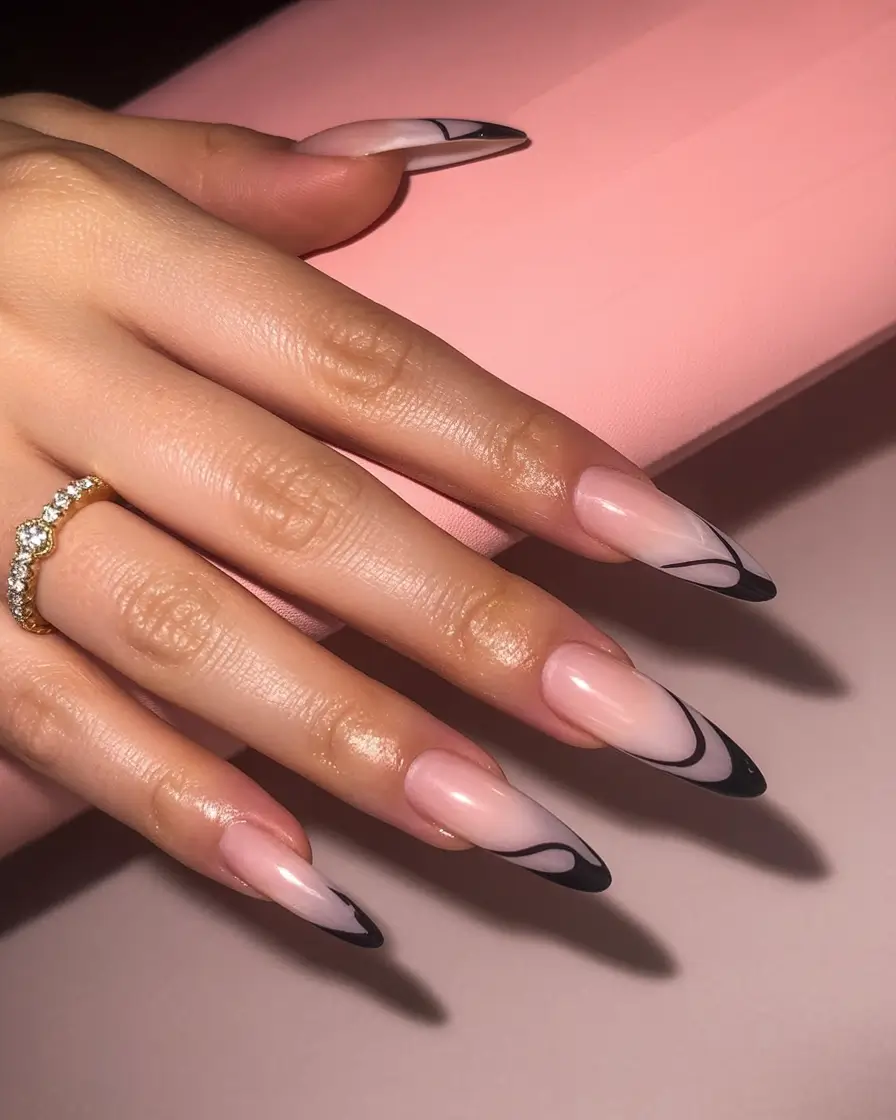 Fall French tip nails Abstract Noir Curves