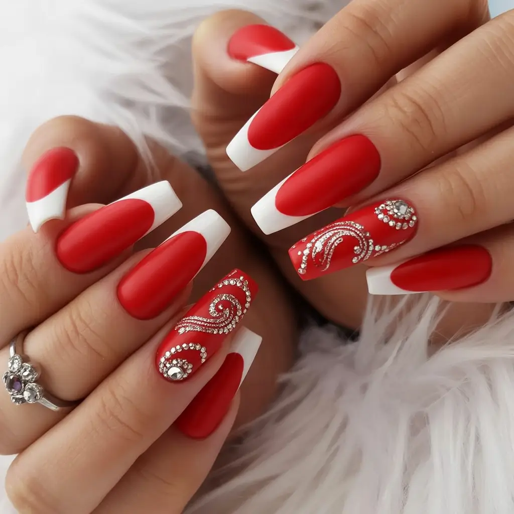 Fall French tip nails Festive Red and White Glam