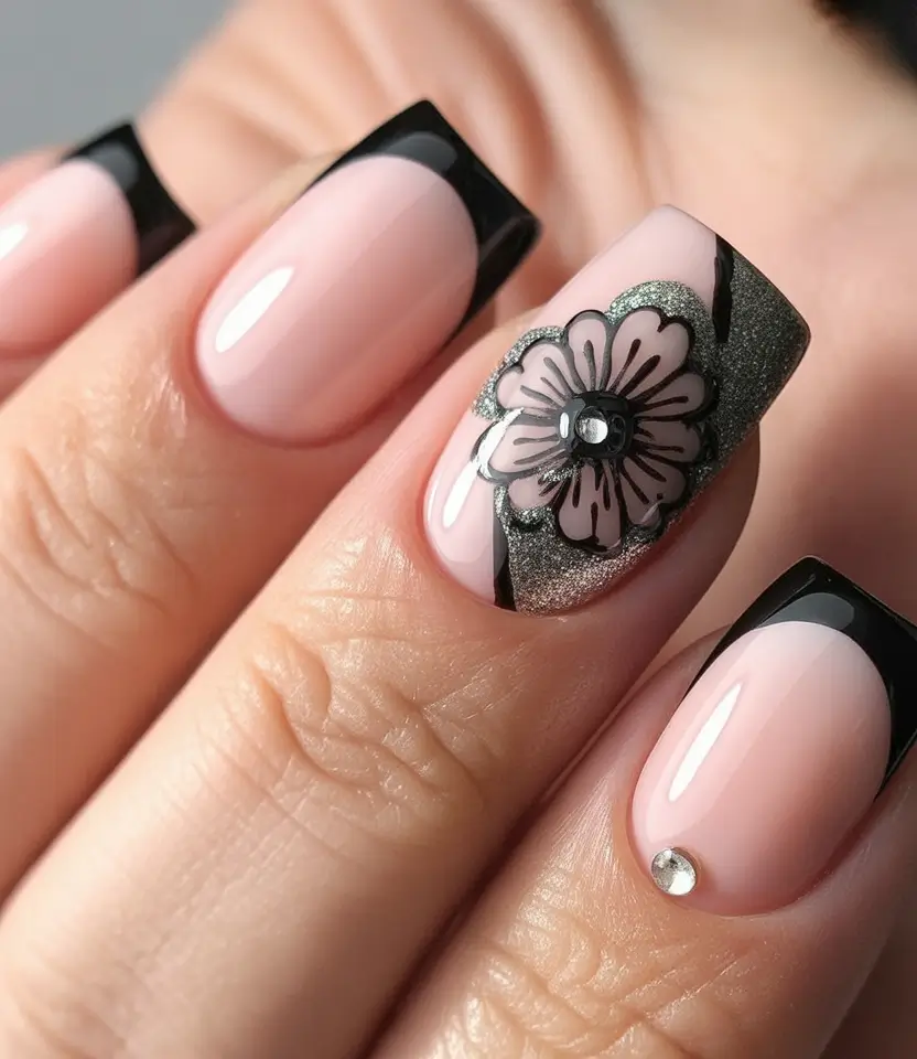 Fall French tip nails Black Floral Accent Square