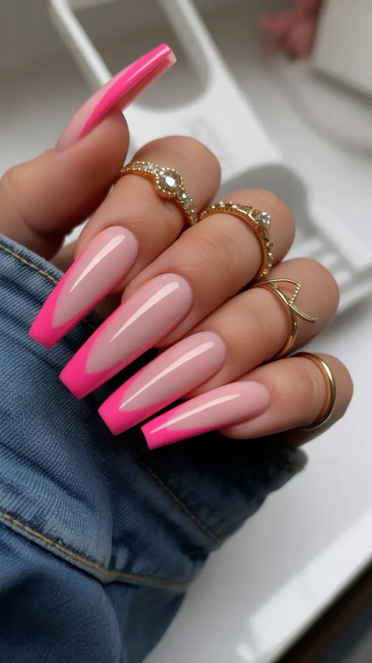 Fall French tip nails Electric Pink Coffin Power