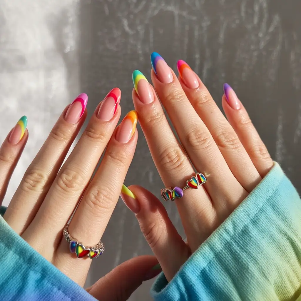 Fall French tip nails Rainbow Swirl Energy