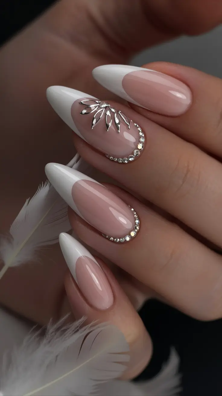 Fall French tip nails White Petal Accent Glam