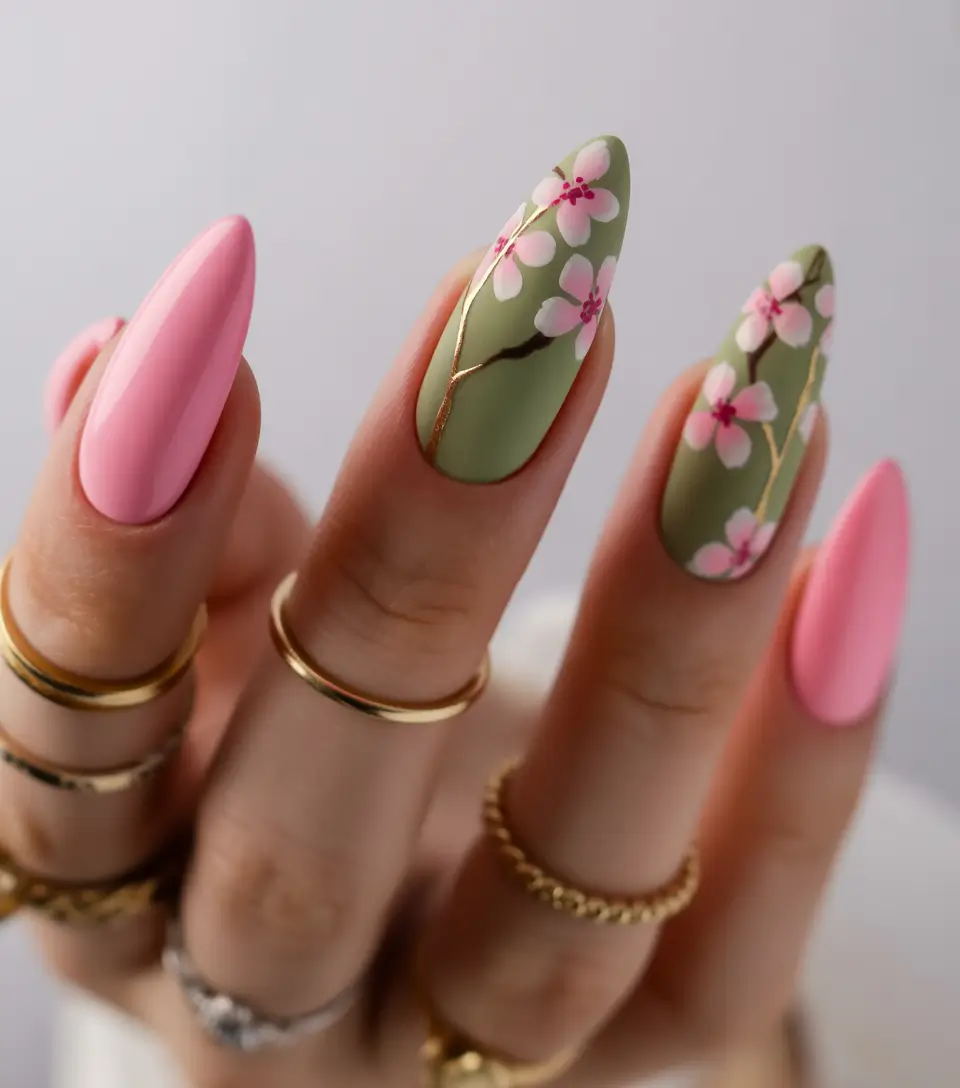 2025 pink fall nails Blossoms on Green