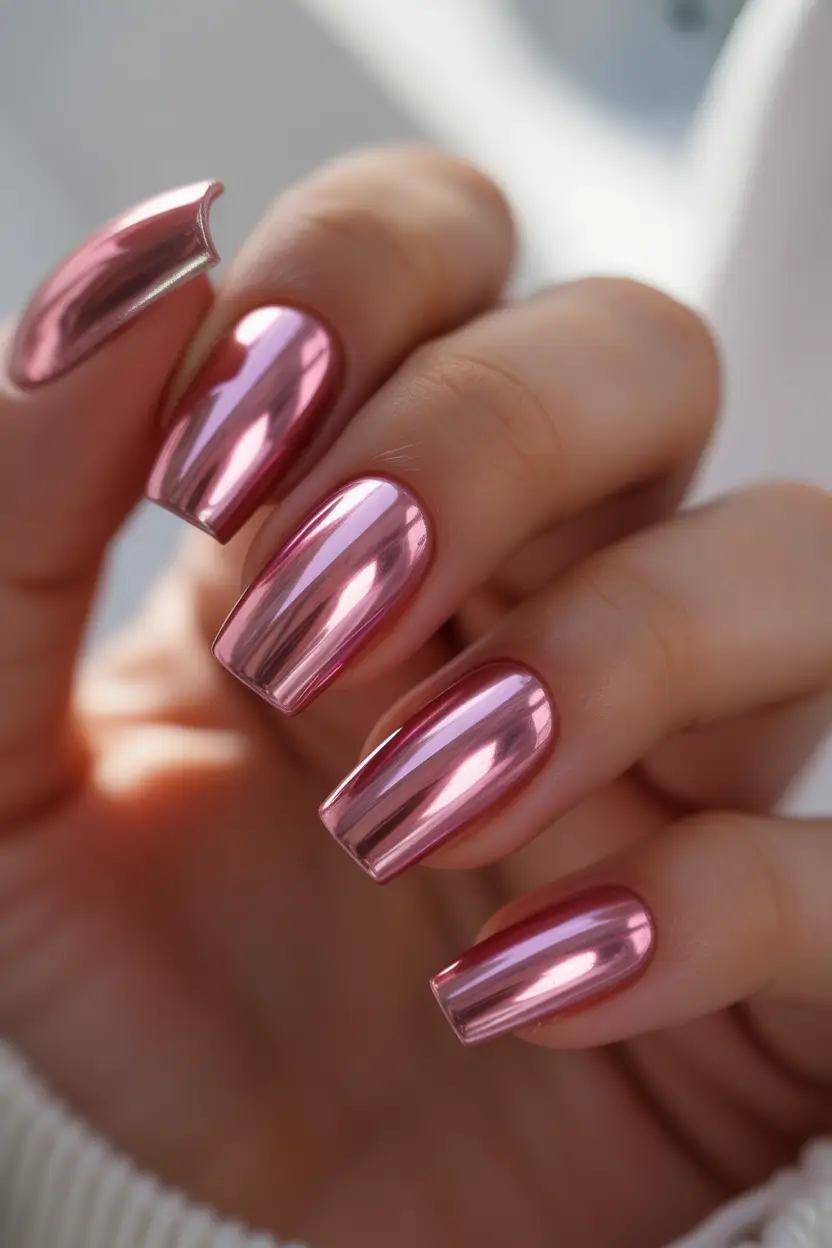 2025 pink fall nails Mirror Shine Metallic