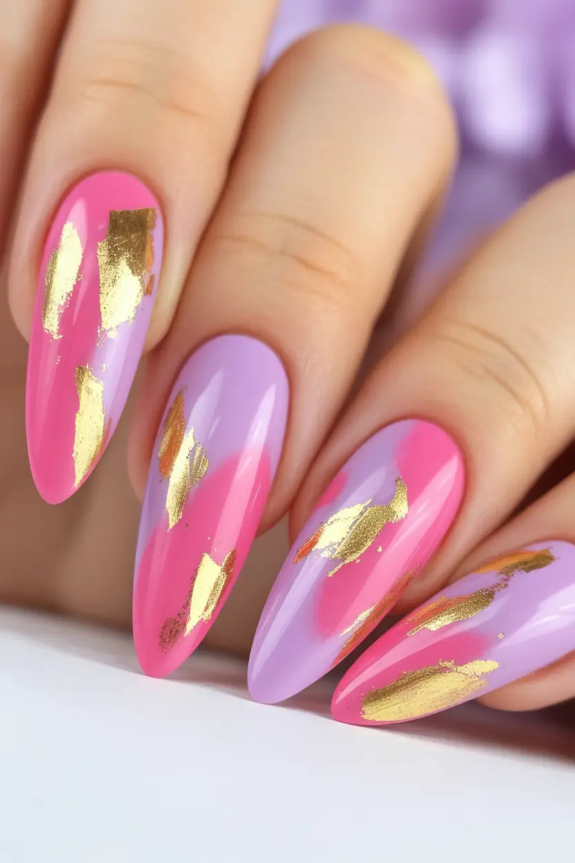 2025 pink fall nails Pink & Purple with Gold Foil