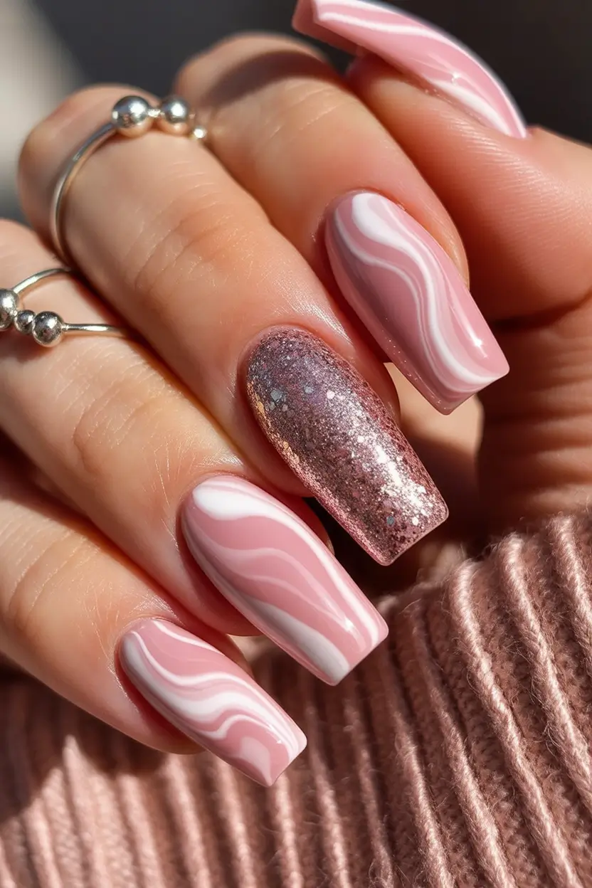 2025 pink fall nails Glitter Wave Elegance