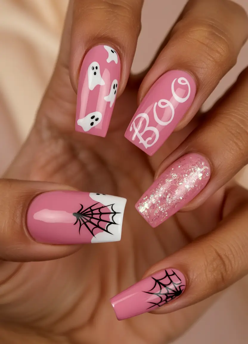 2025 pink fall nails Spooky Pink Halloween