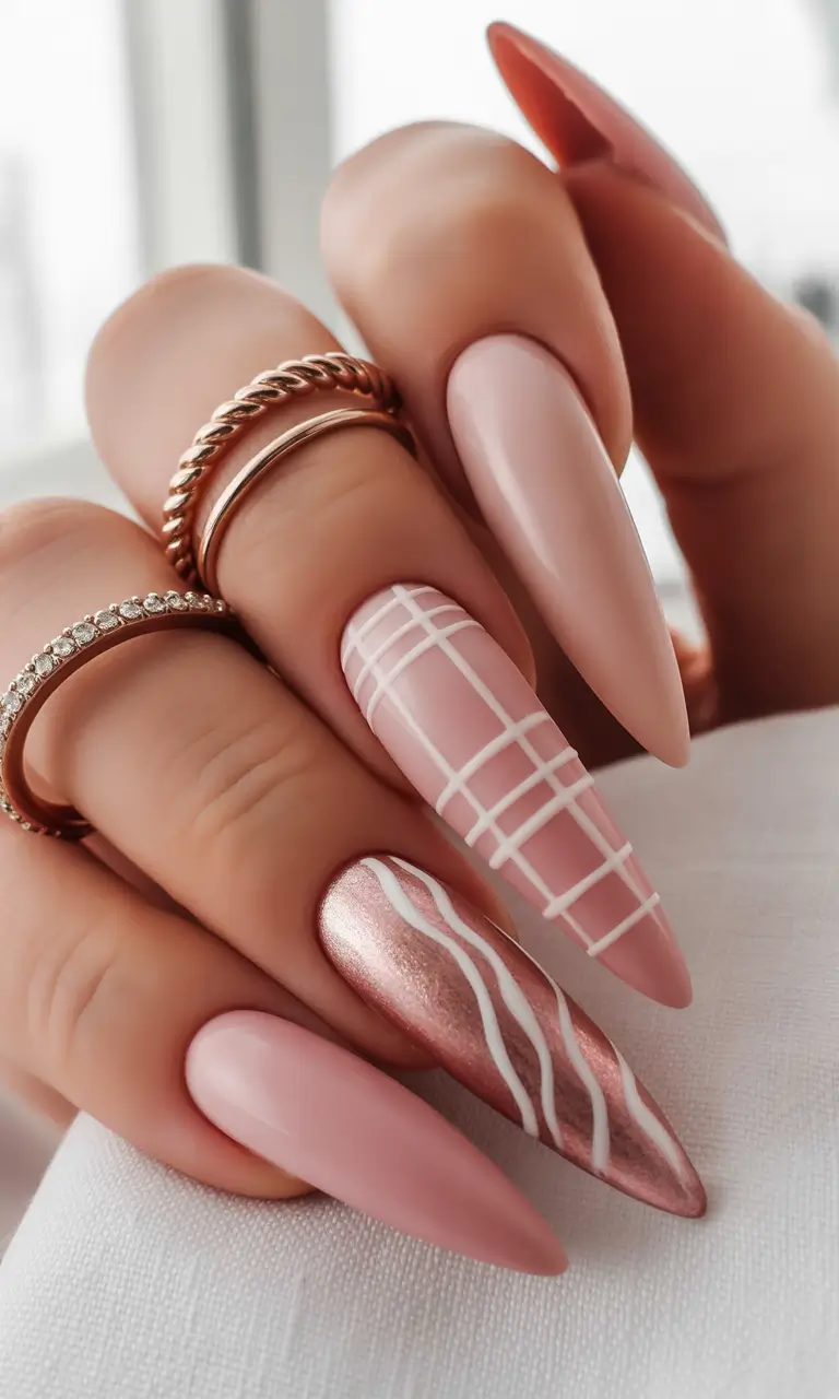 2025 pink fall nails Geometric Rose Gold Mix