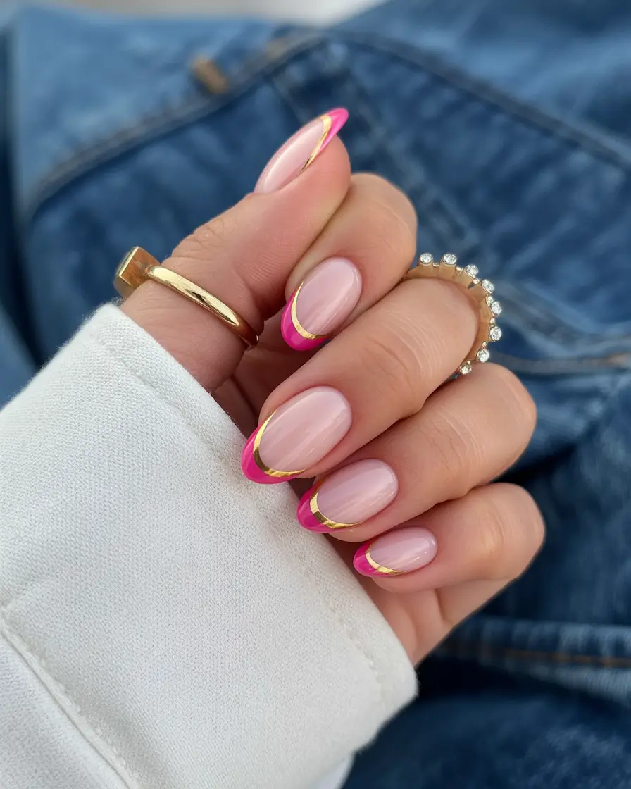 2025 pink fall nails Golden Lined French