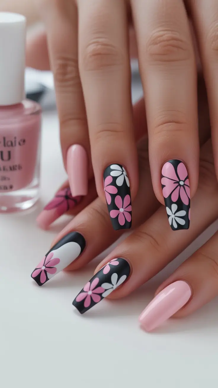 2025 pink fall nails Dark Florals with a Twist
