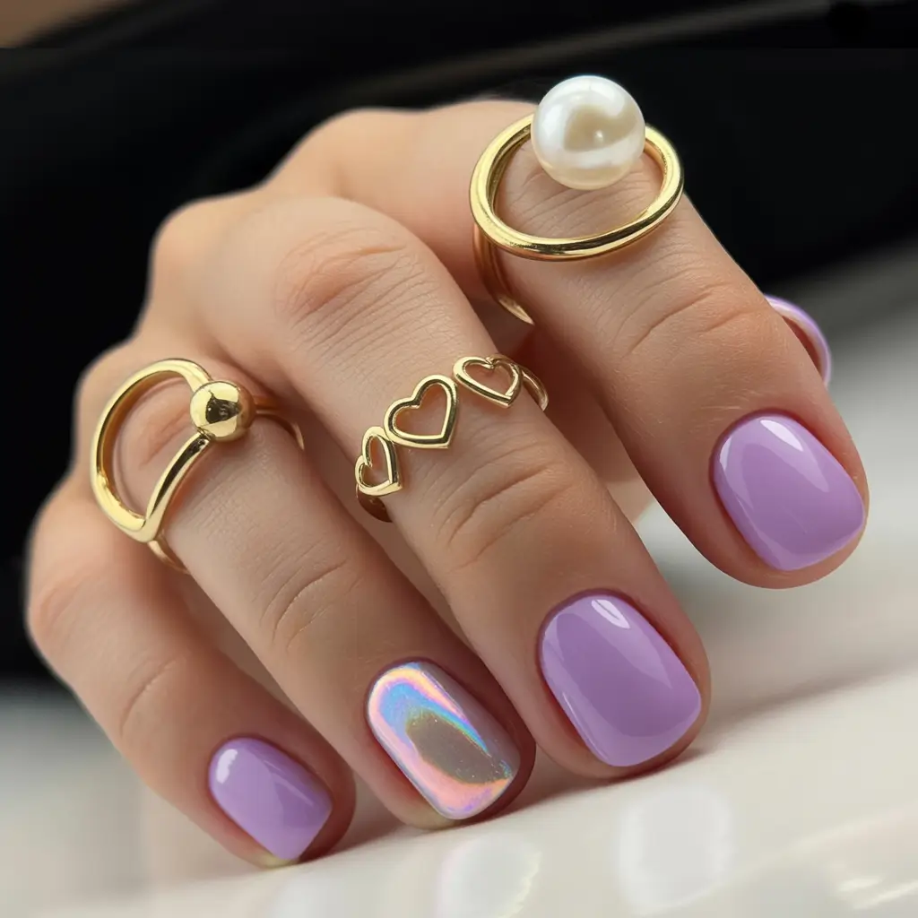 2025 round fall nails Lavender Glow With Chrome Accent