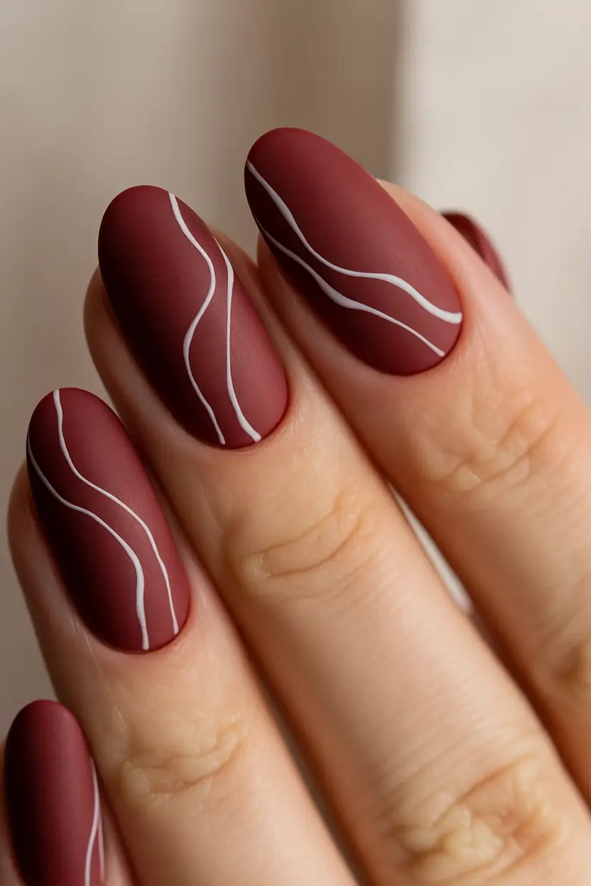 2025 round fall nails Matte Burgundy With White Waves