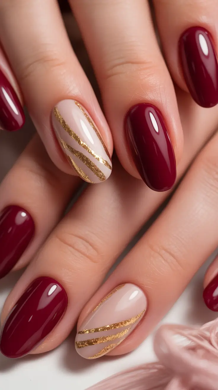2025 round fall nails Burgundy Elegance With Golden Stripes