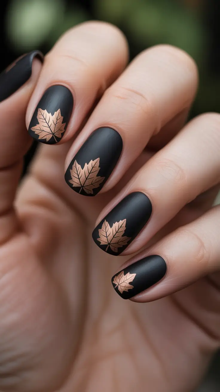 2025 round fall nails Matte Black With Copper Leaves