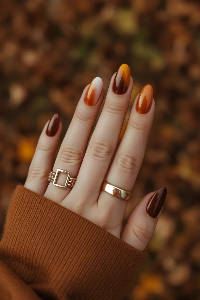 2025 round fall nails Autumn Gradient in Burnt Tones