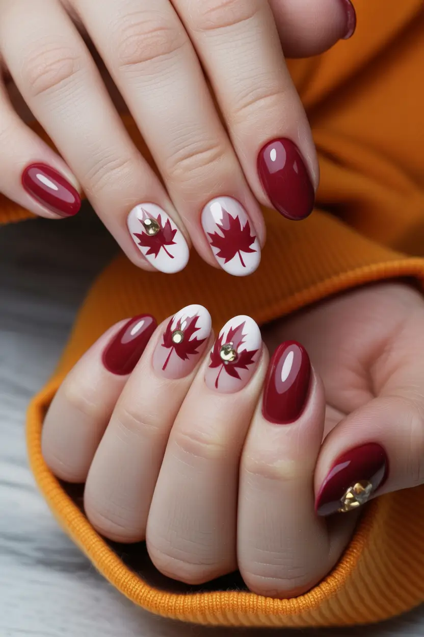 2025 round fall nails Maple Red With Bold Leaf Art