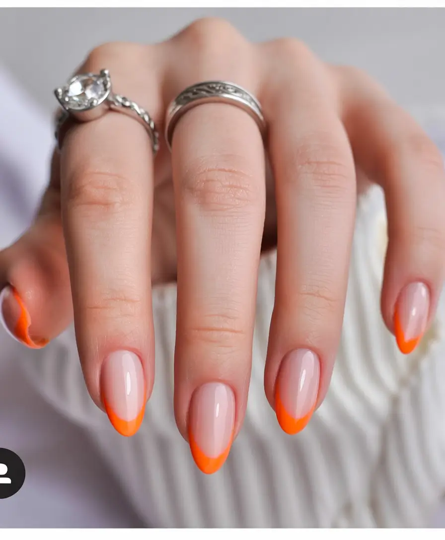 2025 round fall nails Neon Orange French Tips