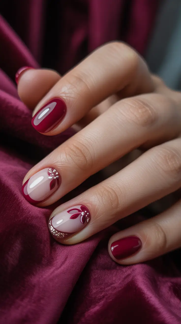 2025 round fall nails Crimson Florals With Crystal Touch