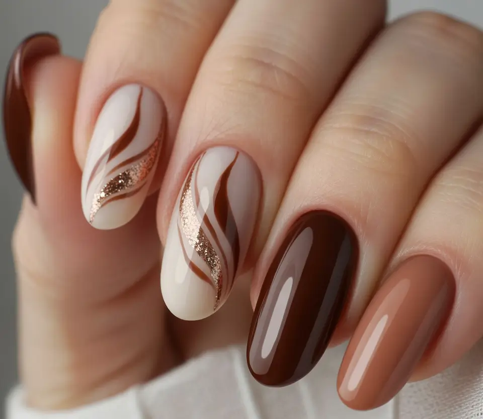 2025 round fall nails Chocolate Swirls With Metallic Highlights