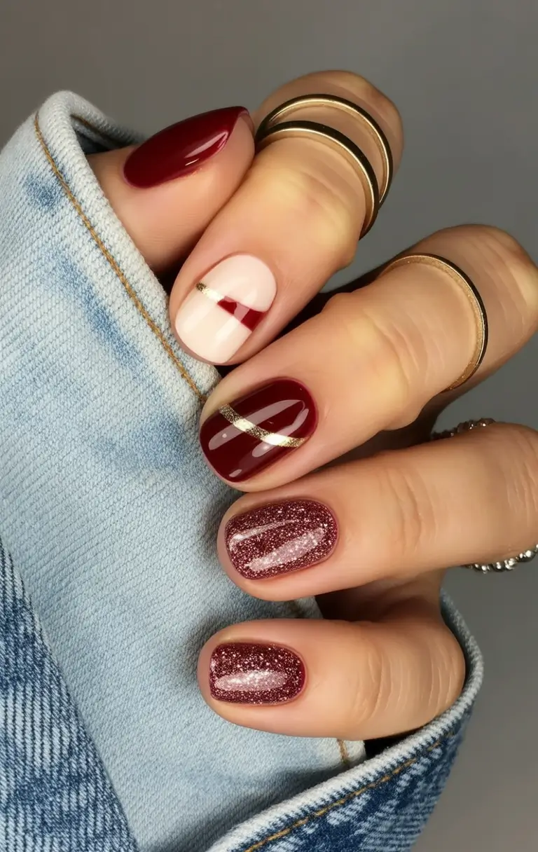 2025 round fall nails Berry Red With Glitter Mix