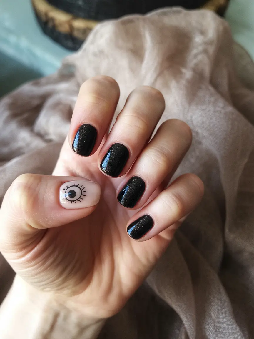 2025 round fall nails Midnight Black With Eye Accent