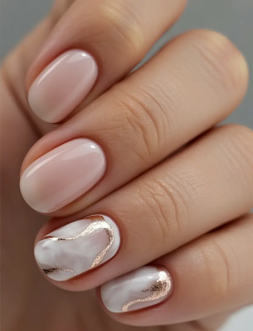 2025 round fall nails Soft Rose With Marble and Metallic