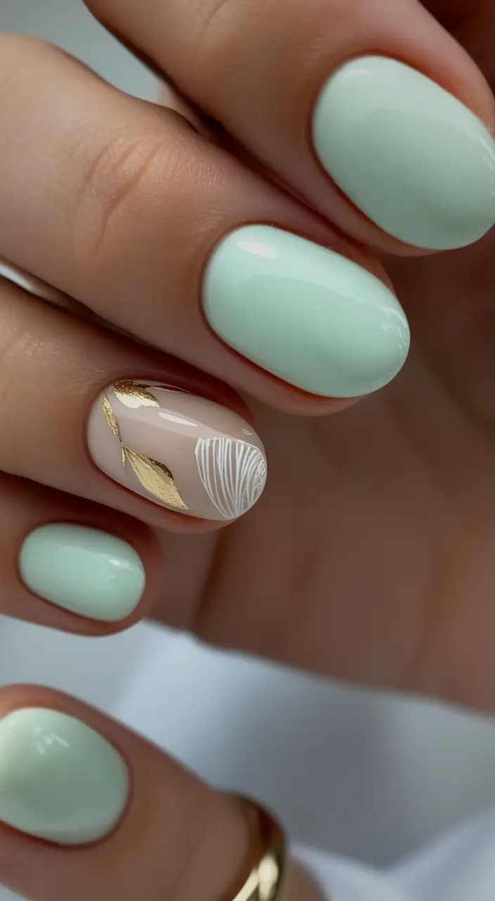 2025 round fall nails Mint Serenity With Delicate Accent