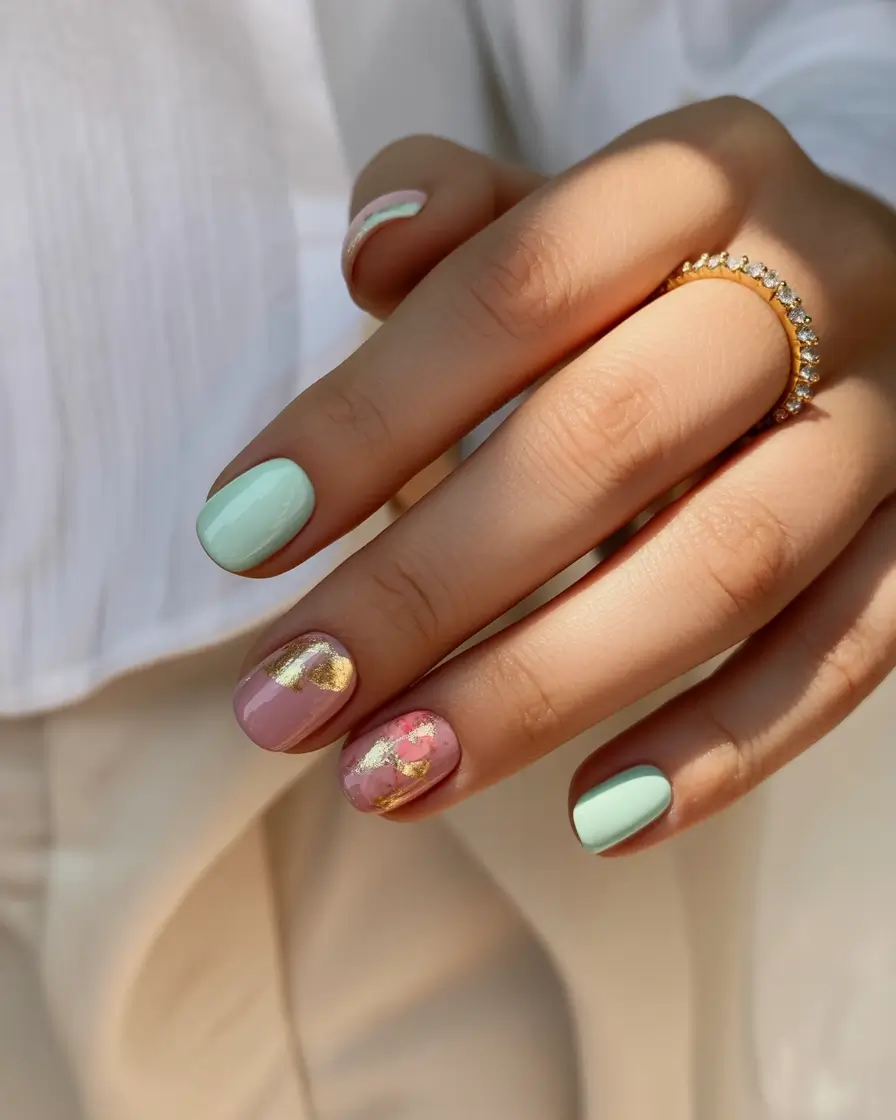 2025 round fall nails Mint Meets Mauve With Foil Glam