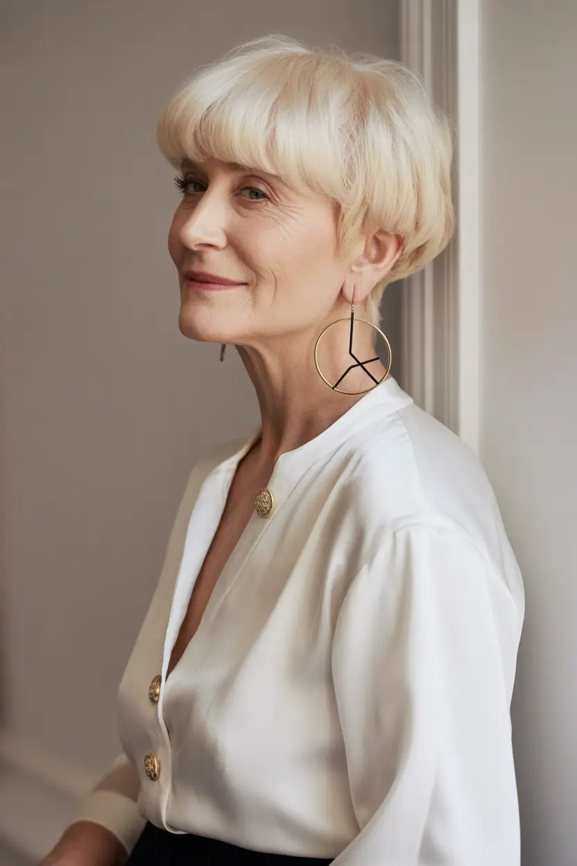 Fall hairstyles for women over 50 Chic Platinum Crop with Soft Bangs