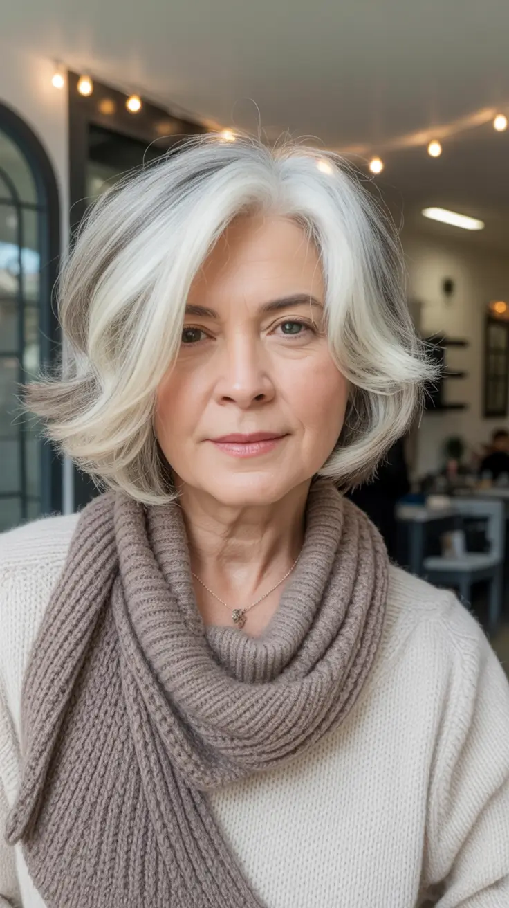 Fall hairstyles for women over 50 Soft Silver Bob with Middle Part