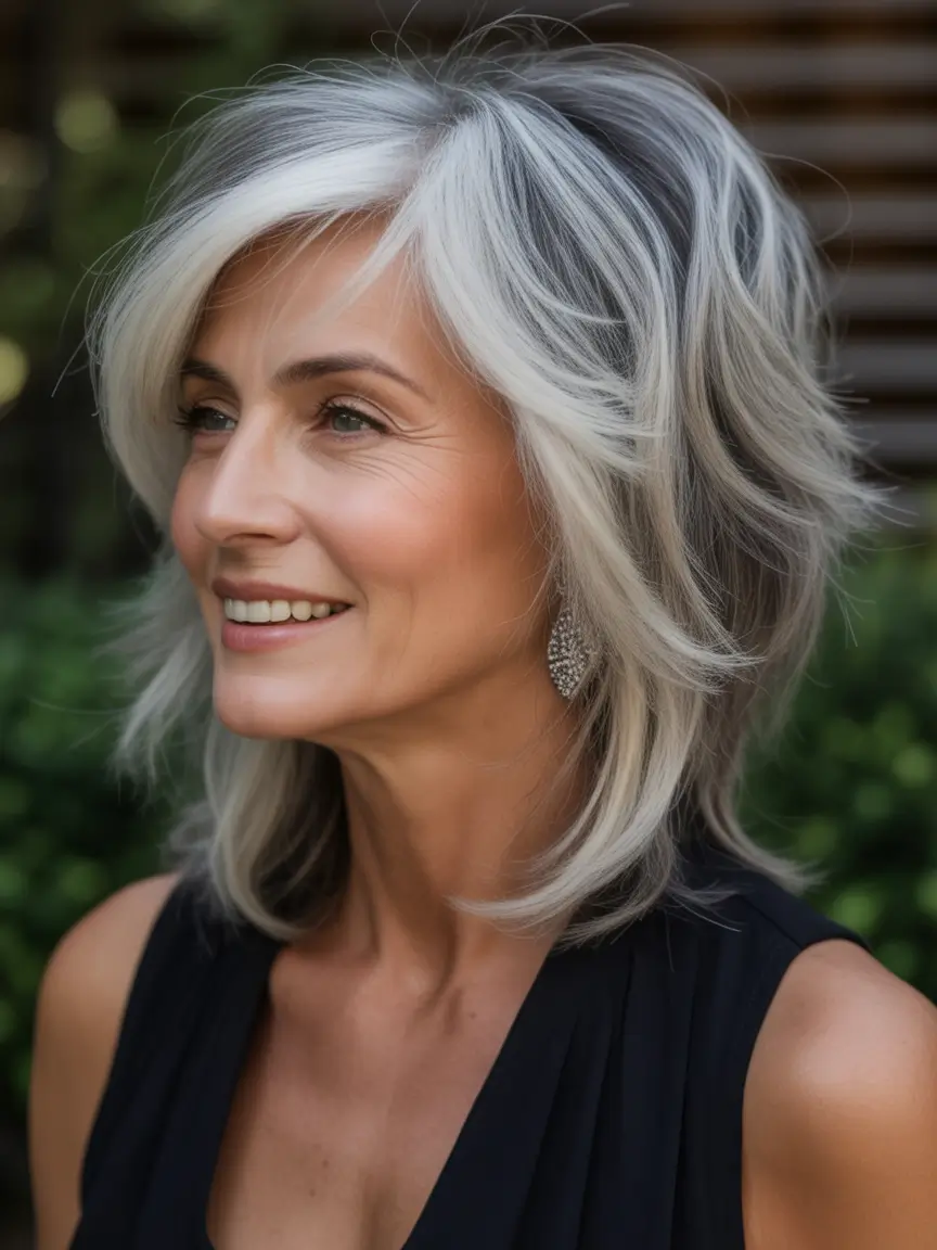 Fall hairstyles for women over 50 Layered Silver-Gray Flow