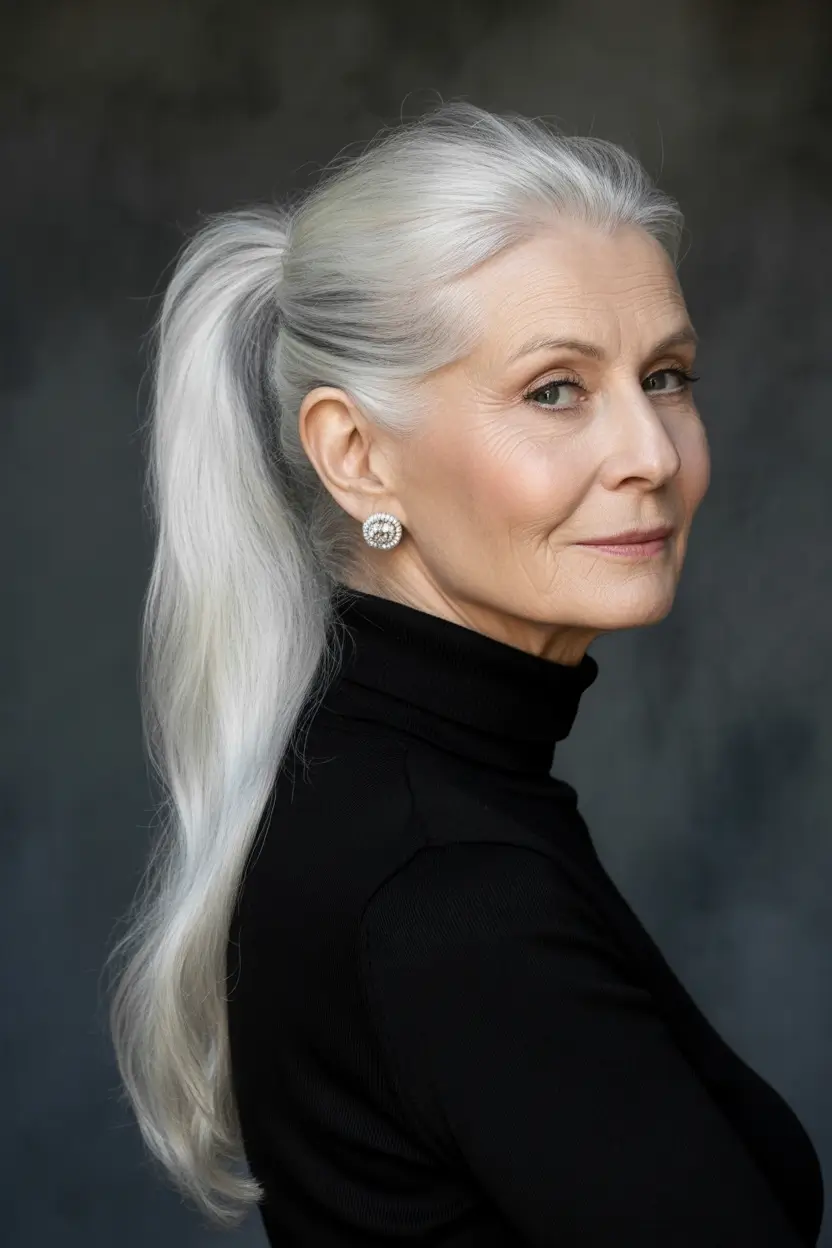 Fall hairstyles for women over 50 Polished Silver Ponytail