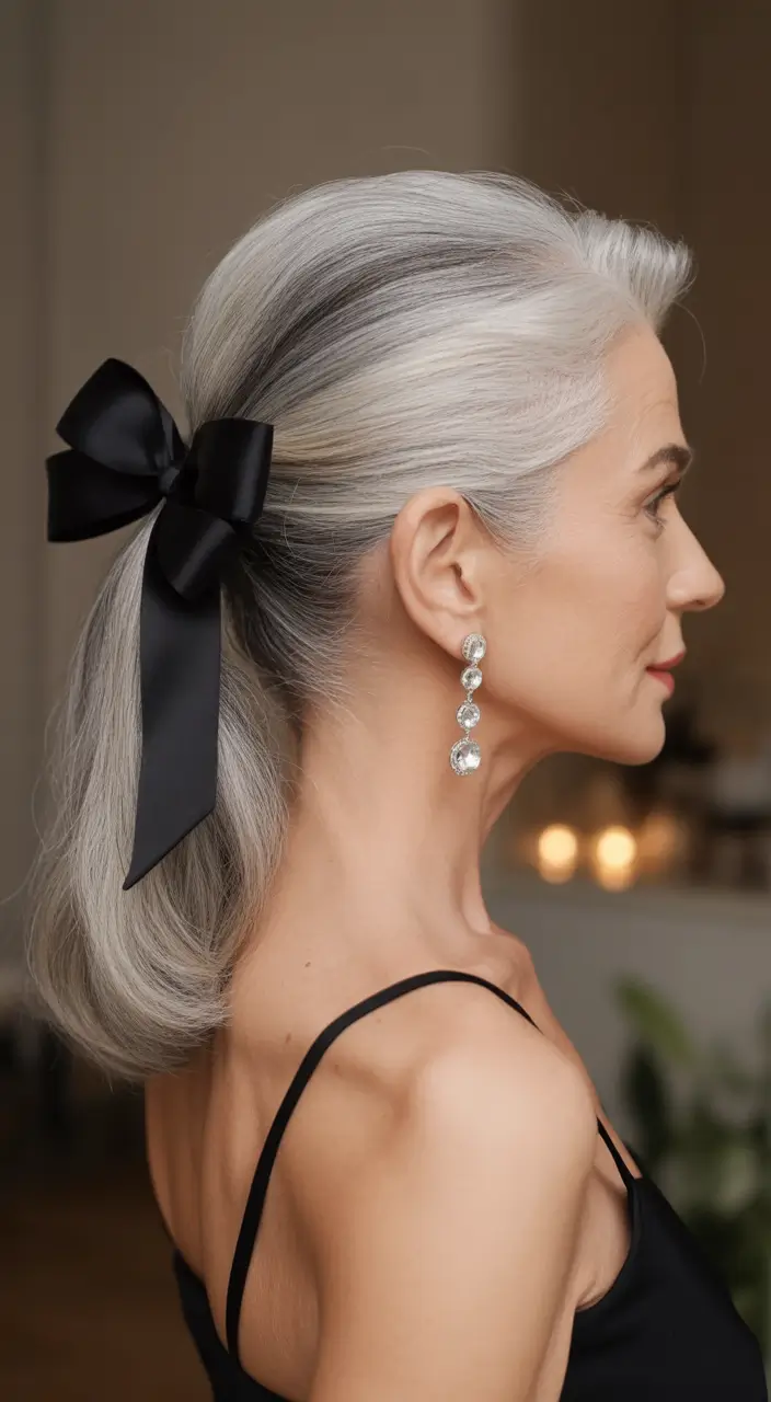 Fall hairstyles for women over 50 Elegant Silver Ponytail with Ribbon