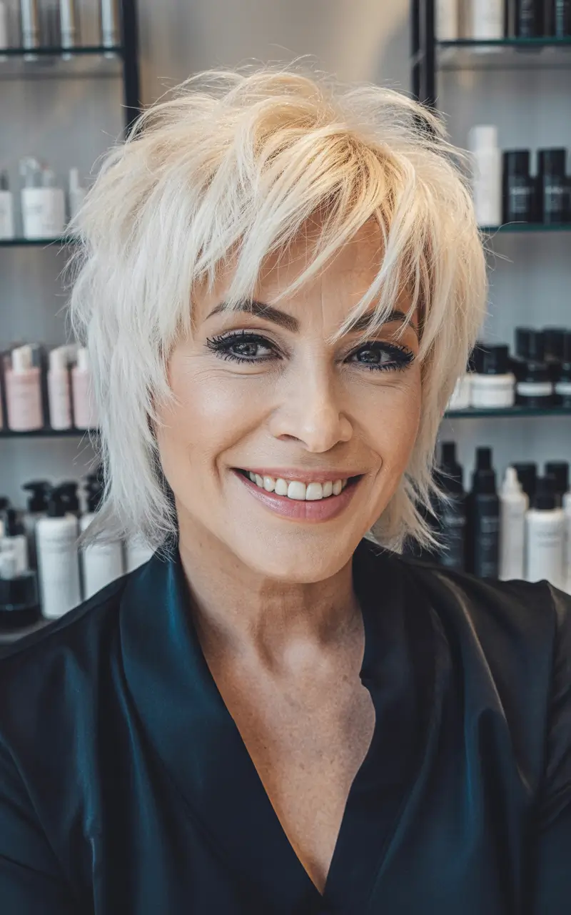 Fall hairstyles for women over 50 Textured Blonde Shag with Bangs